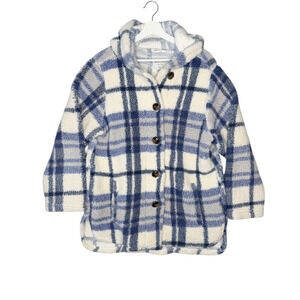 Sabrina Lauren Jacket Womens 1X teddy bear soft jacket Blue Off White Plaid